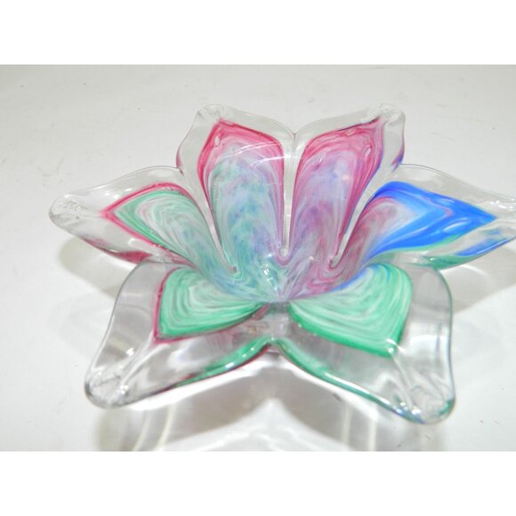 Hand-Blown Glass Star Shaped Bowl With Multicolor Swirls Votive Candle Trinket - Picture 8 of 9